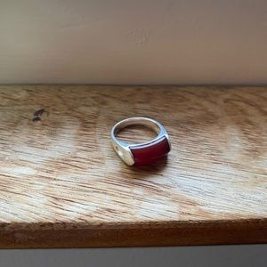 Natural Dark Deep Red Coral Moonga Ring Sterling Silver Band